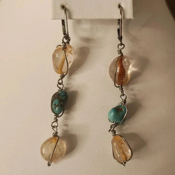 Tri-Stone Crystal Dangle Earrings - Picture 1 of 2